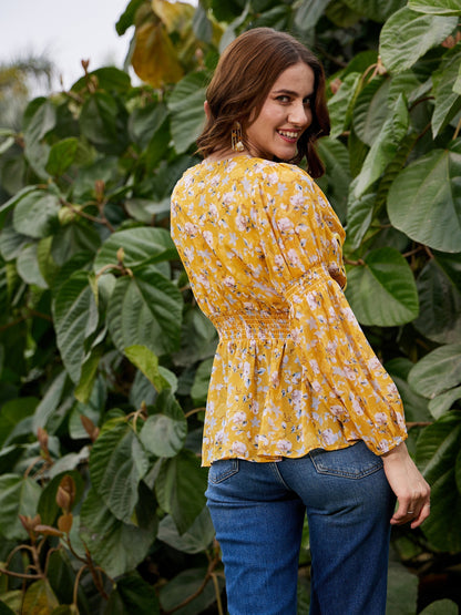 Women's Yellow Floral Peplum Top