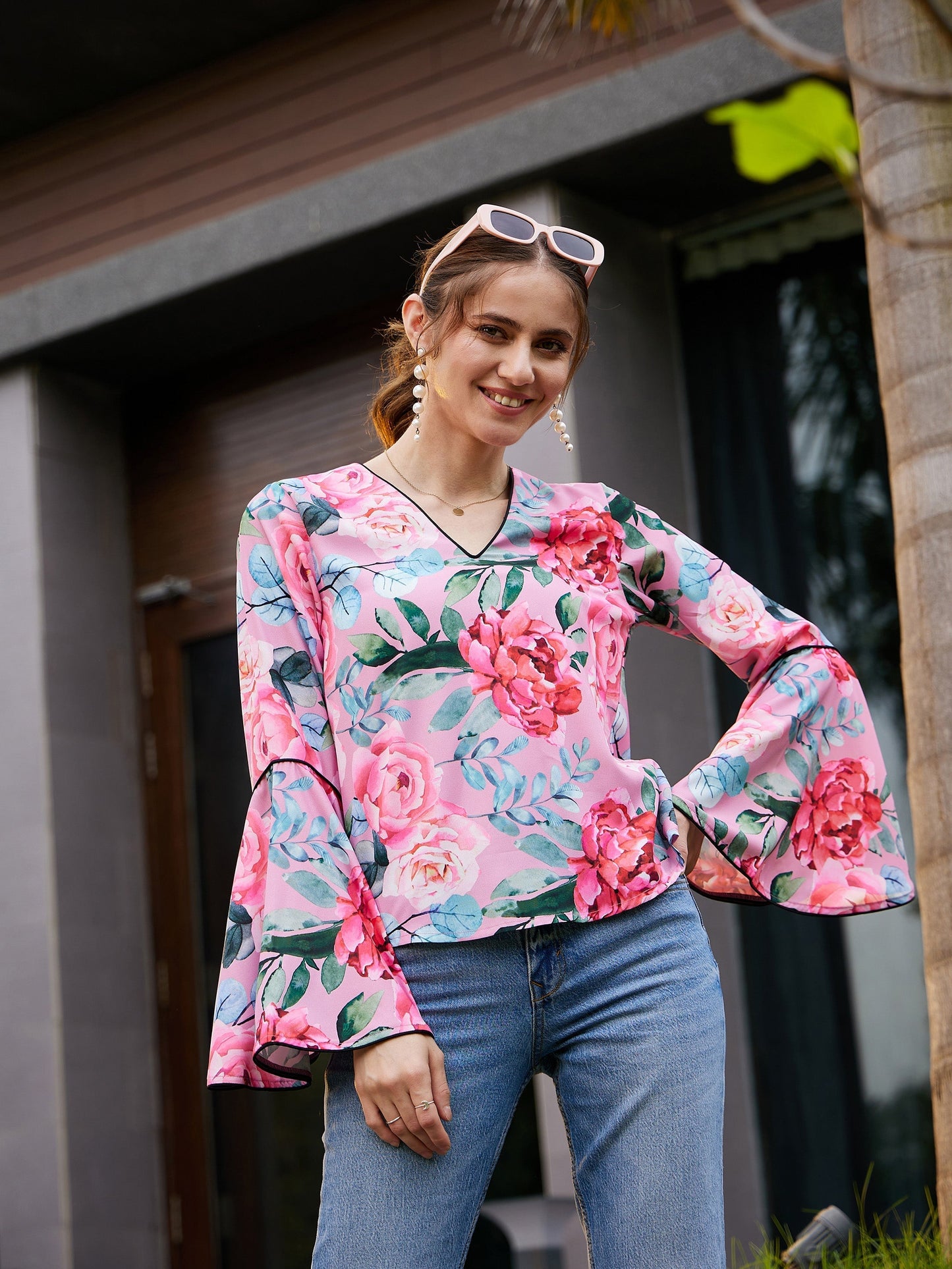 Women's Rose Floral Bell Sleeves Regular Top