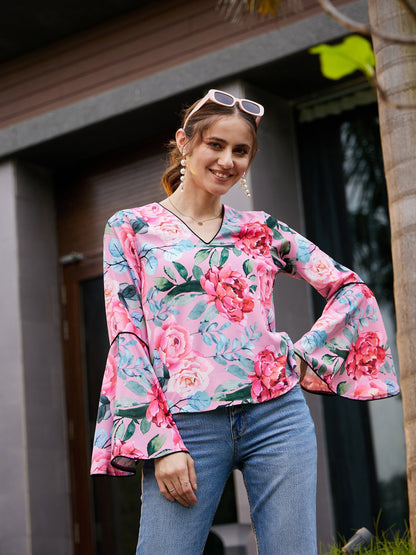 Women's Rose Floral Bell Sleeves Regular Top
