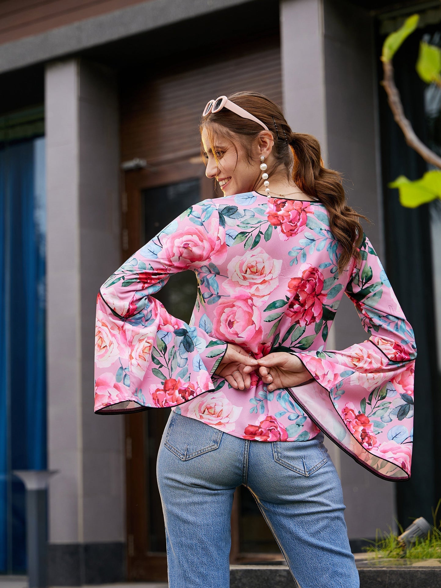 Women's Rose Floral Bell Sleeves Regular Top