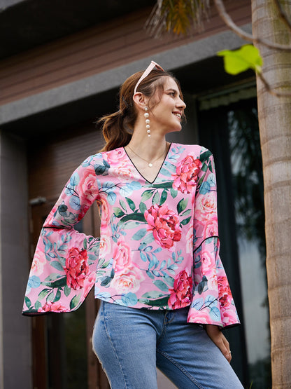 Women's Rose Floral Bell Sleeves Regular Top