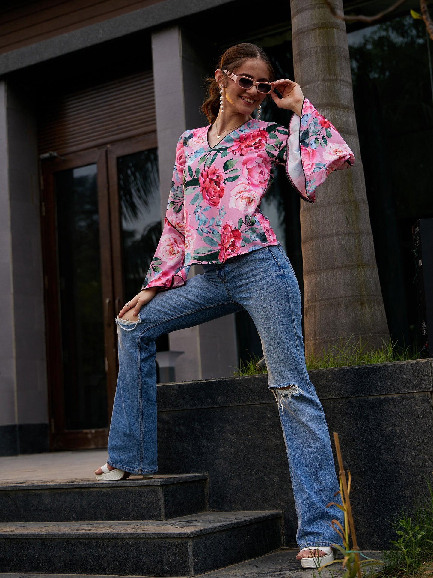 Women's Rose Floral Bell Sleeves Regular Top