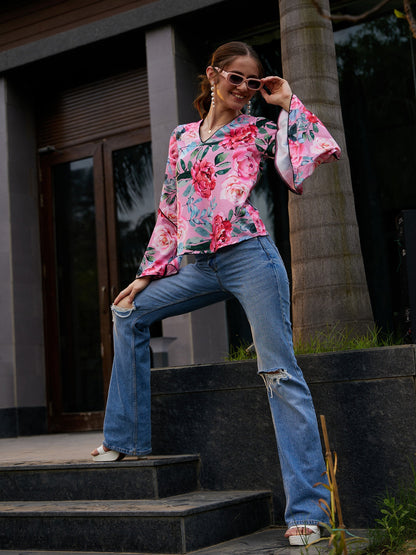 Women's Rose Floral Bell Sleeves Regular Top