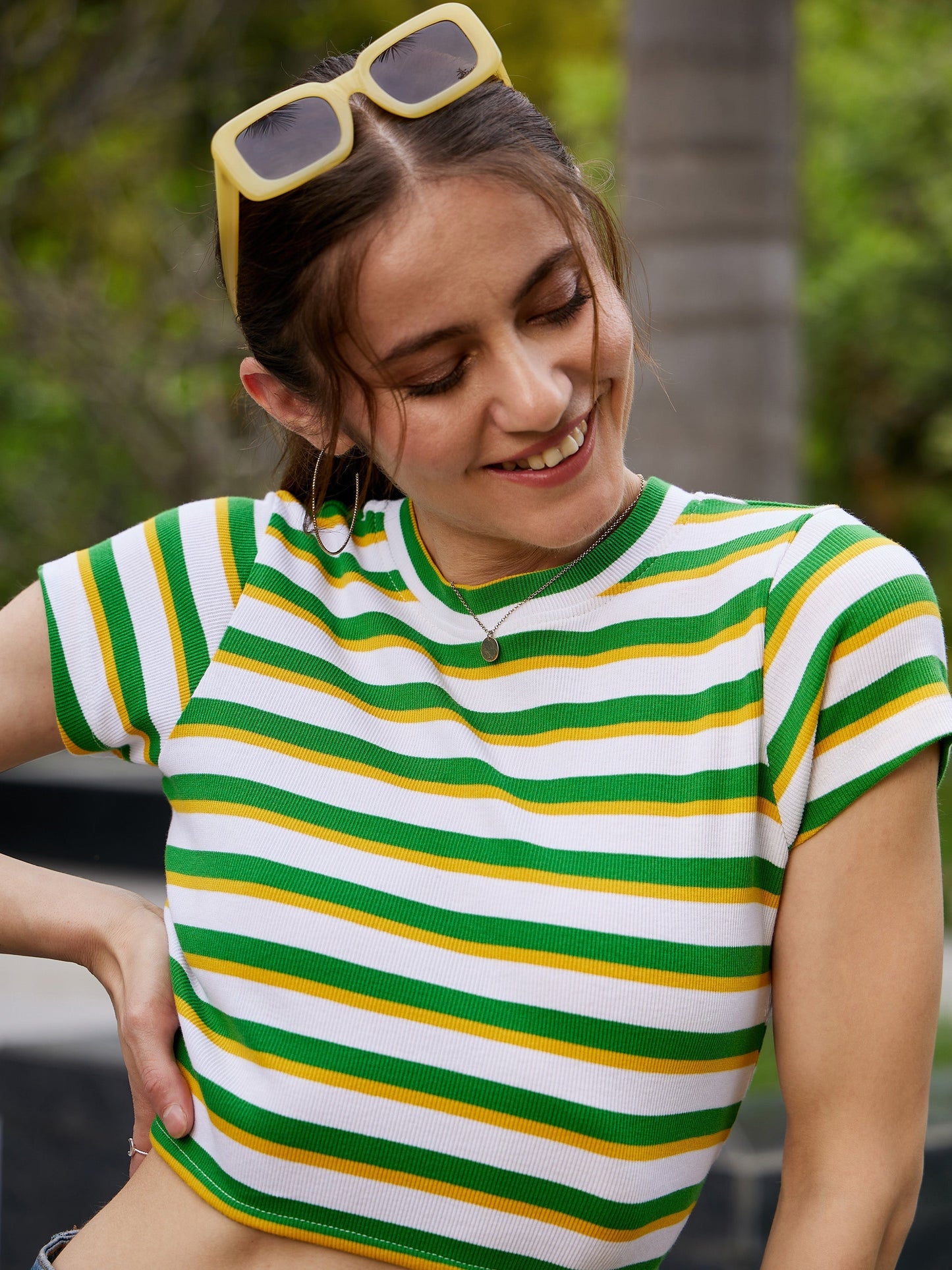 Women's White & Green Striped Back Cut Out Rib Crop Top