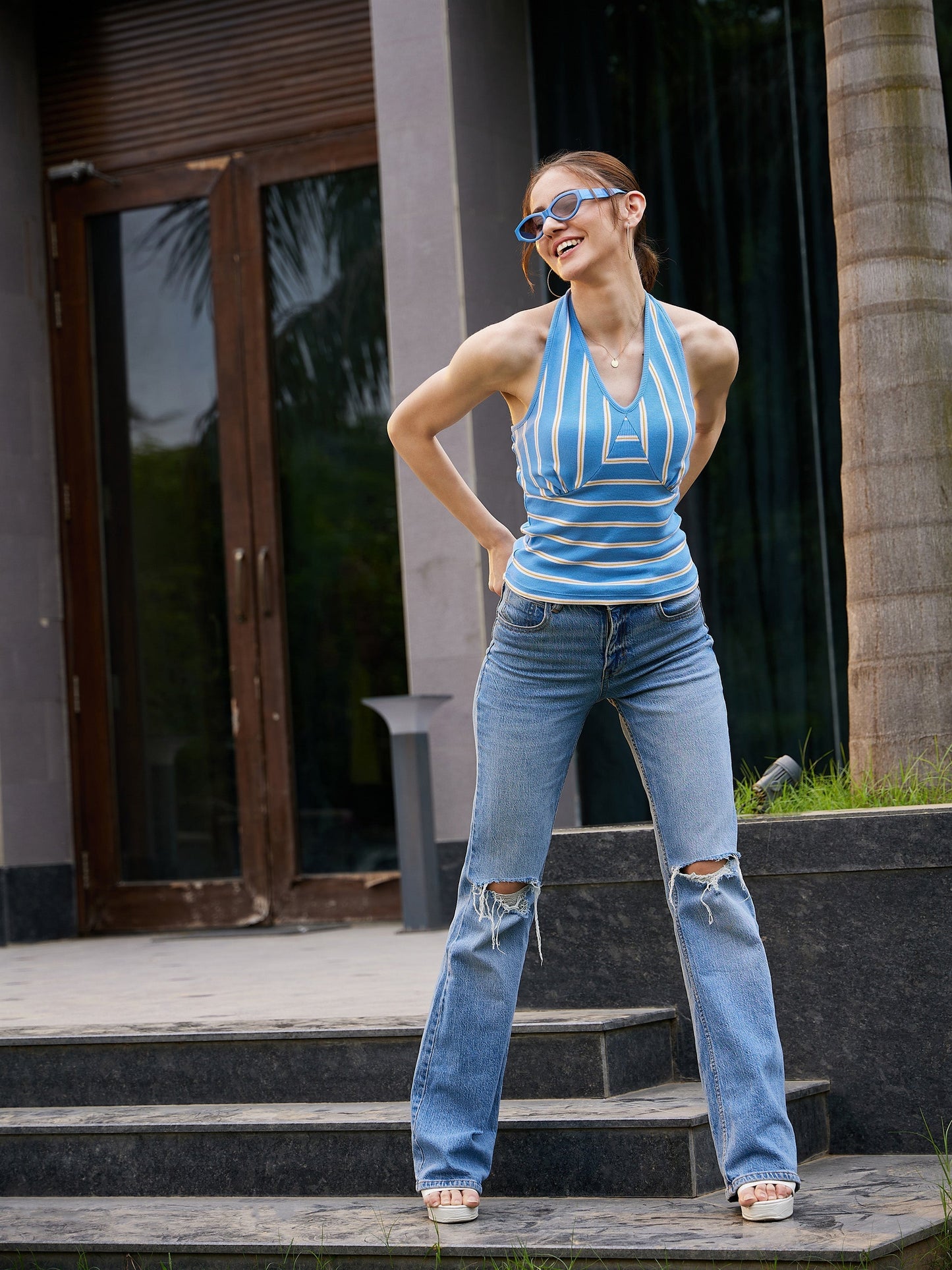 Women's Blue & White Striped Halter Neck Rib Crop Top