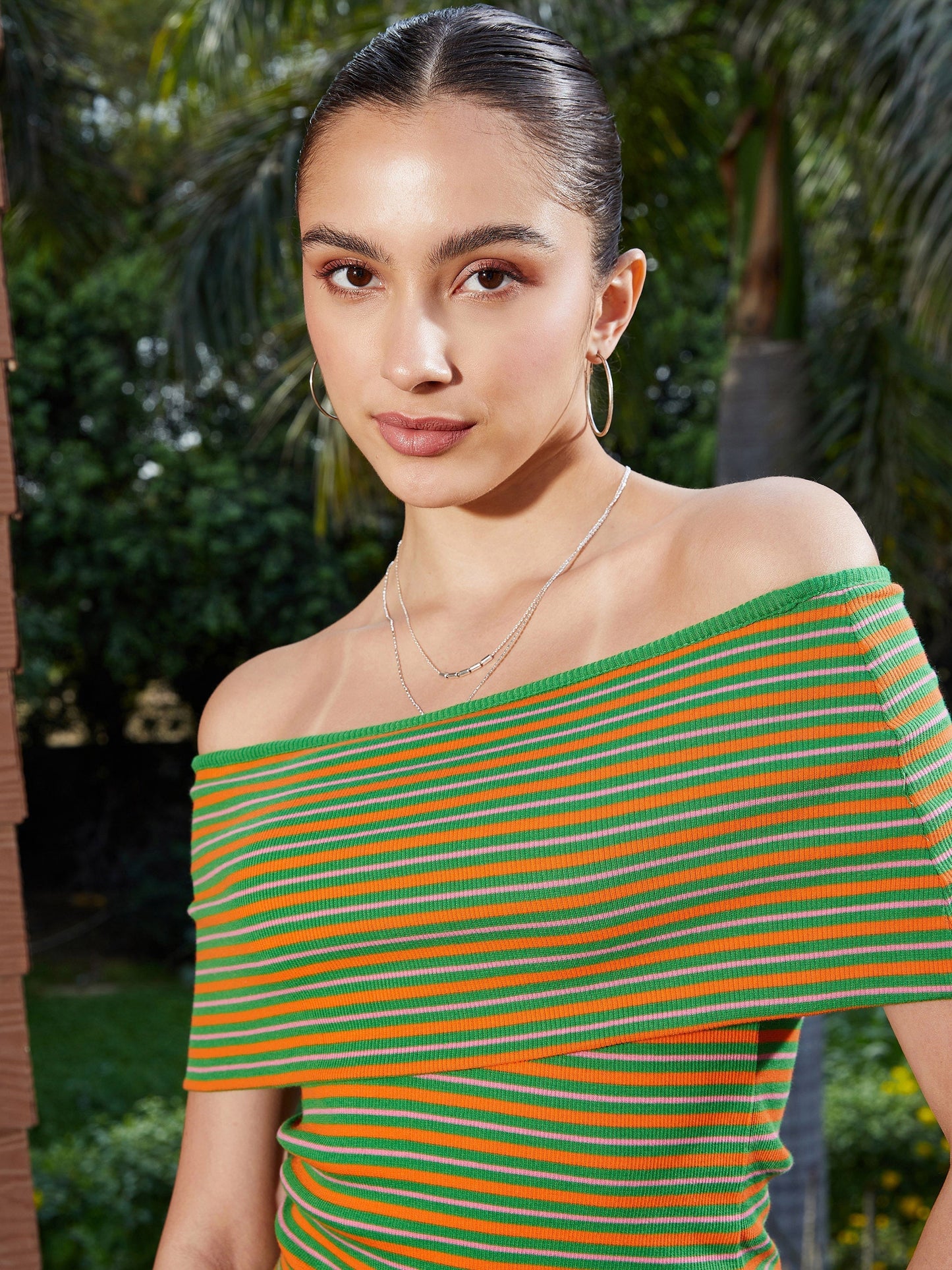 Women's Green & Orange Striped Off Shoulder Rib Regular Top