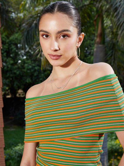Women's Green & Orange Striped Off Shoulder Rib Regular Top