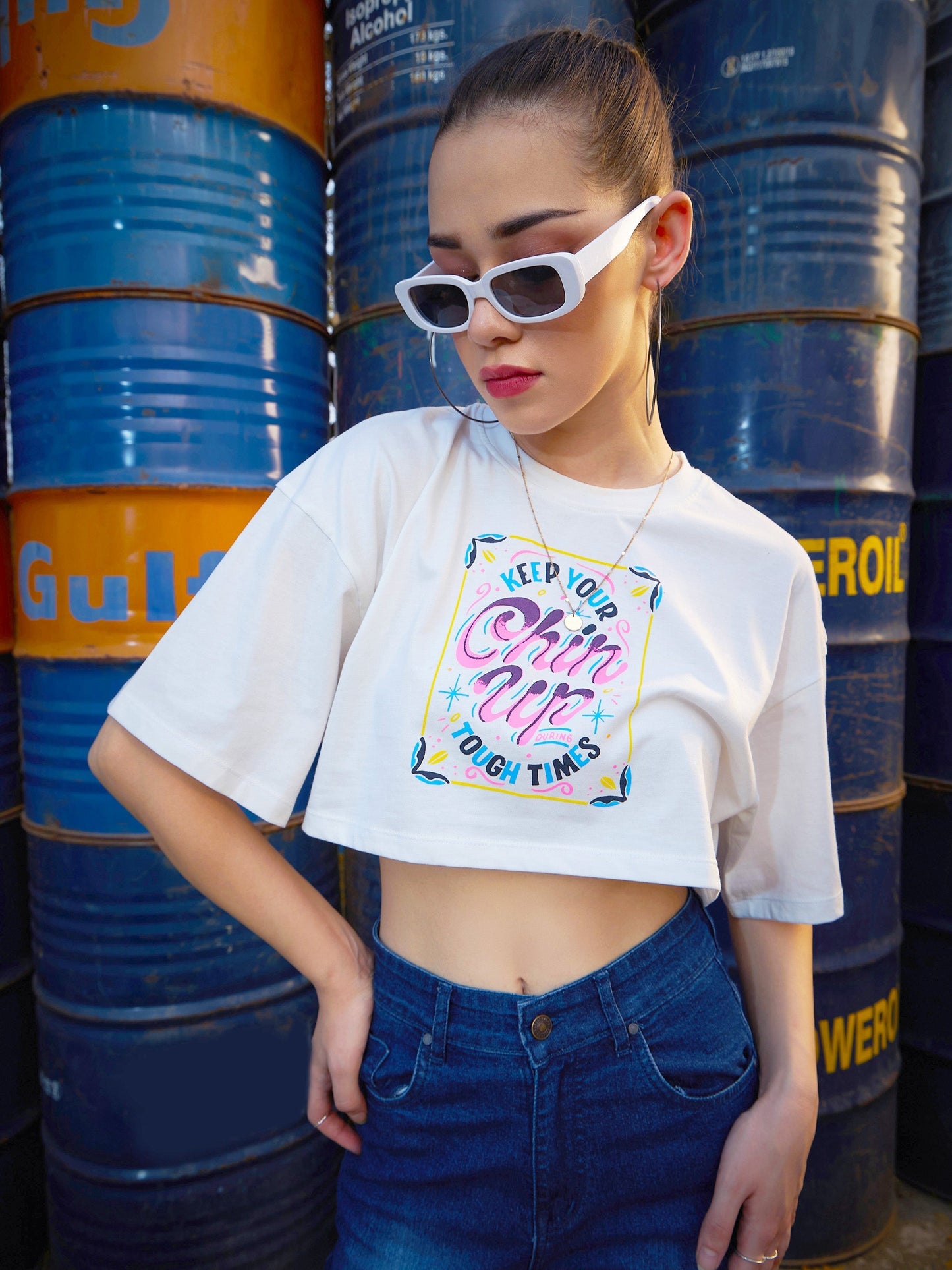 Women's White CHIN UP Print Crop T Shirt