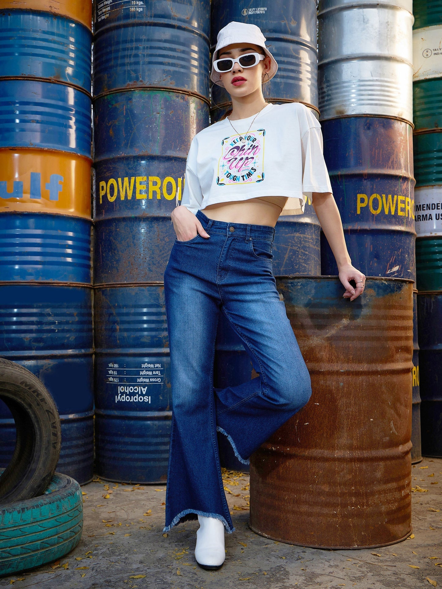 Women's White CHIN UP Print Crop T Shirt