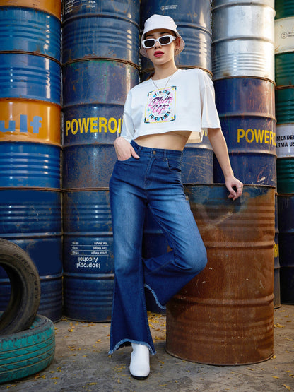 Women's White CHIN UP Print Crop T Shirt