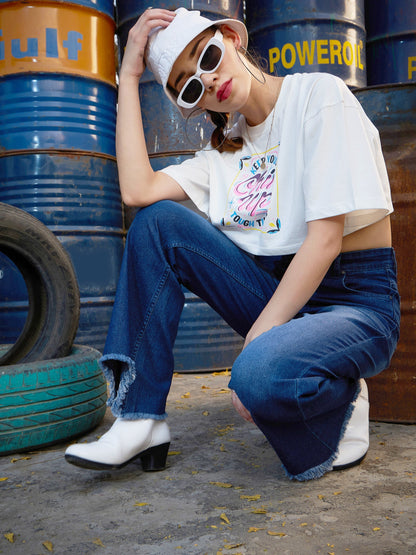 Women's White CHIN UP Print Crop T Shirt