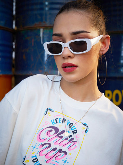 Women's White CHIN UP Print Crop T Shirt