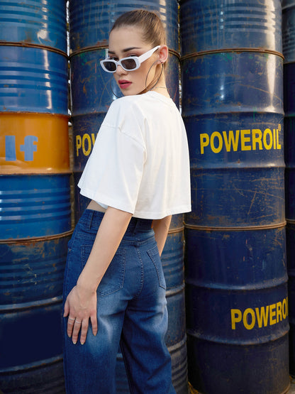 Women's White CHIN UP Print Crop T Shirt