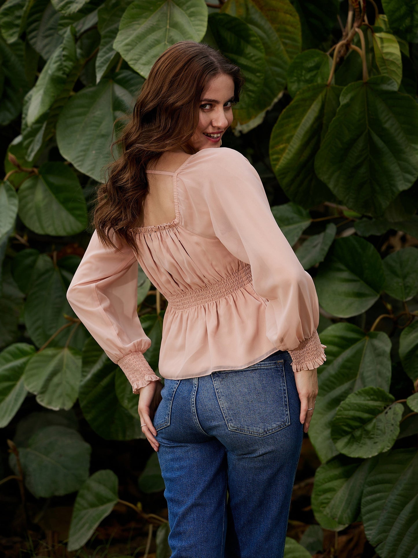Women's Nude Ruched Peplum Top