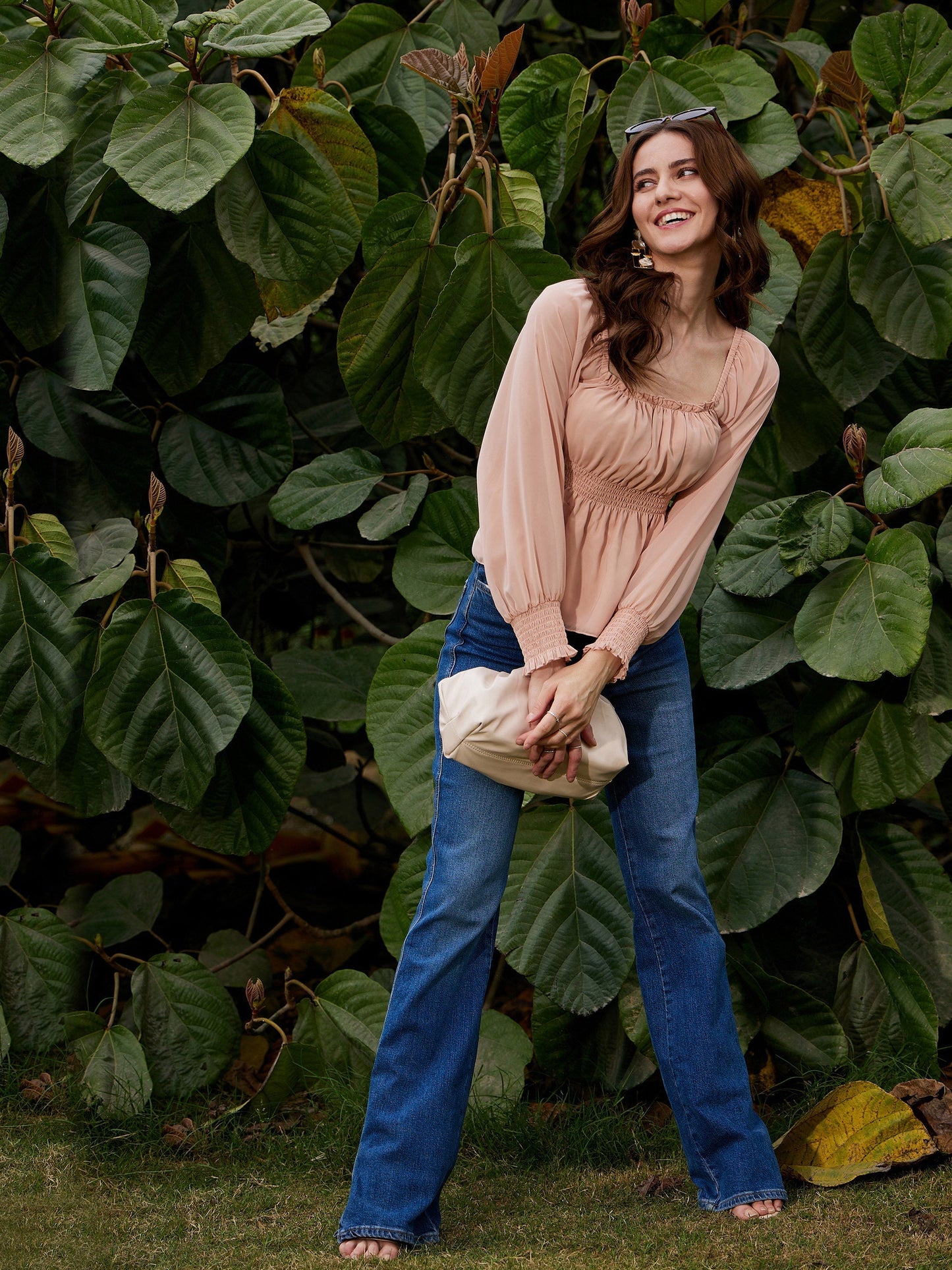 Women's Nude Ruched Peplum Top