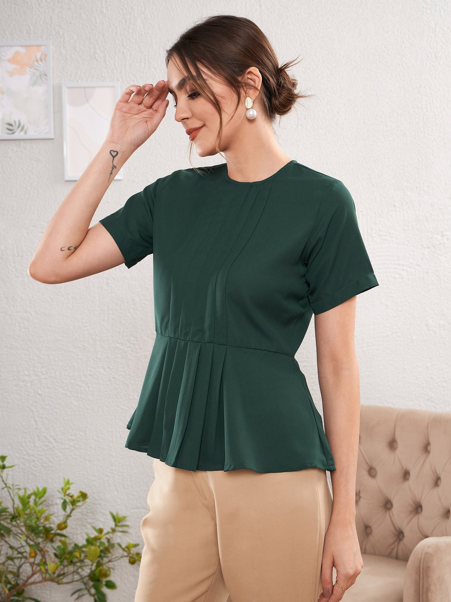 Women's Emerald Green Front Pleated Peplum Top