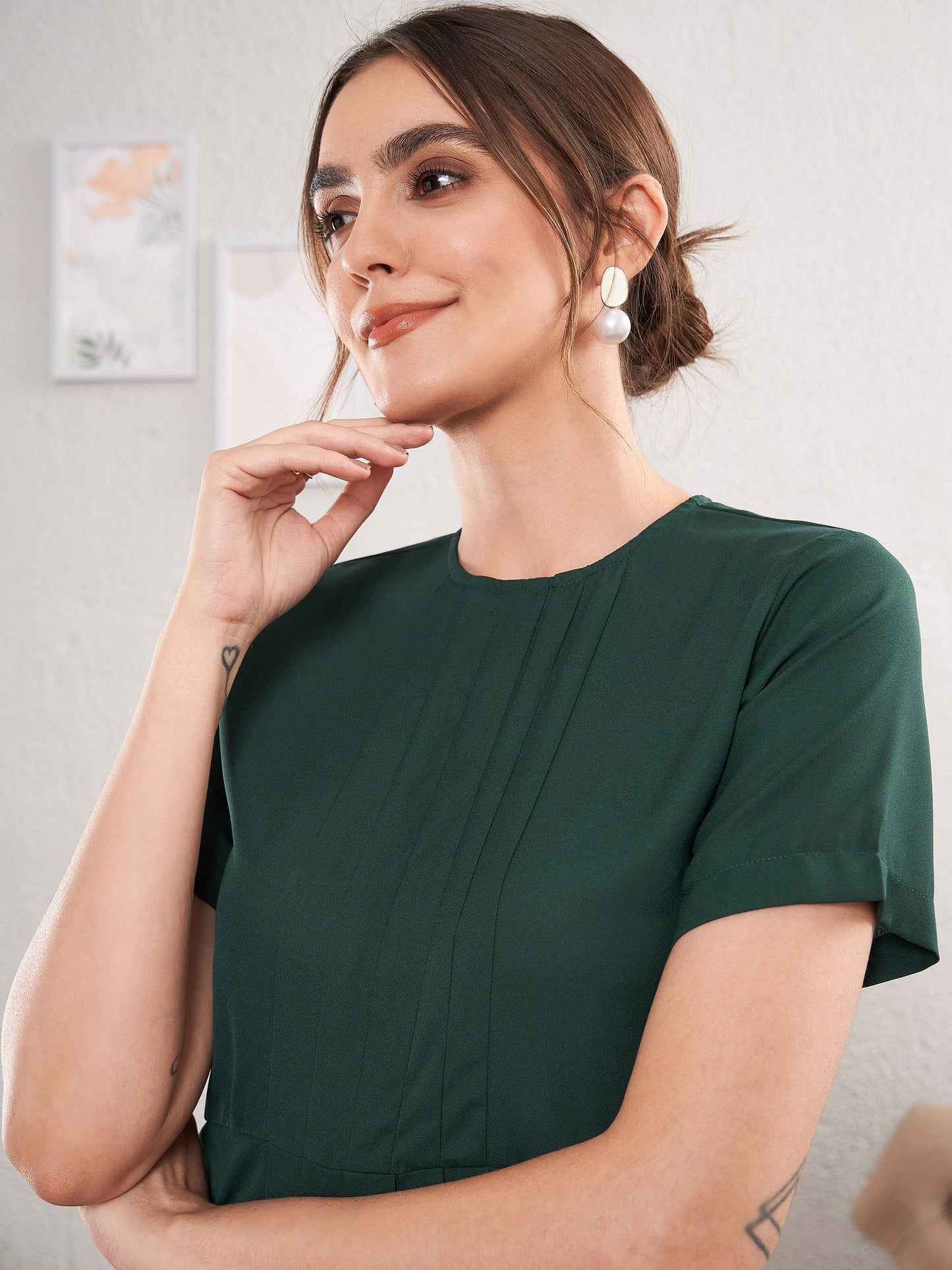 Women's Emerald Green Front Pleated Peplum Top