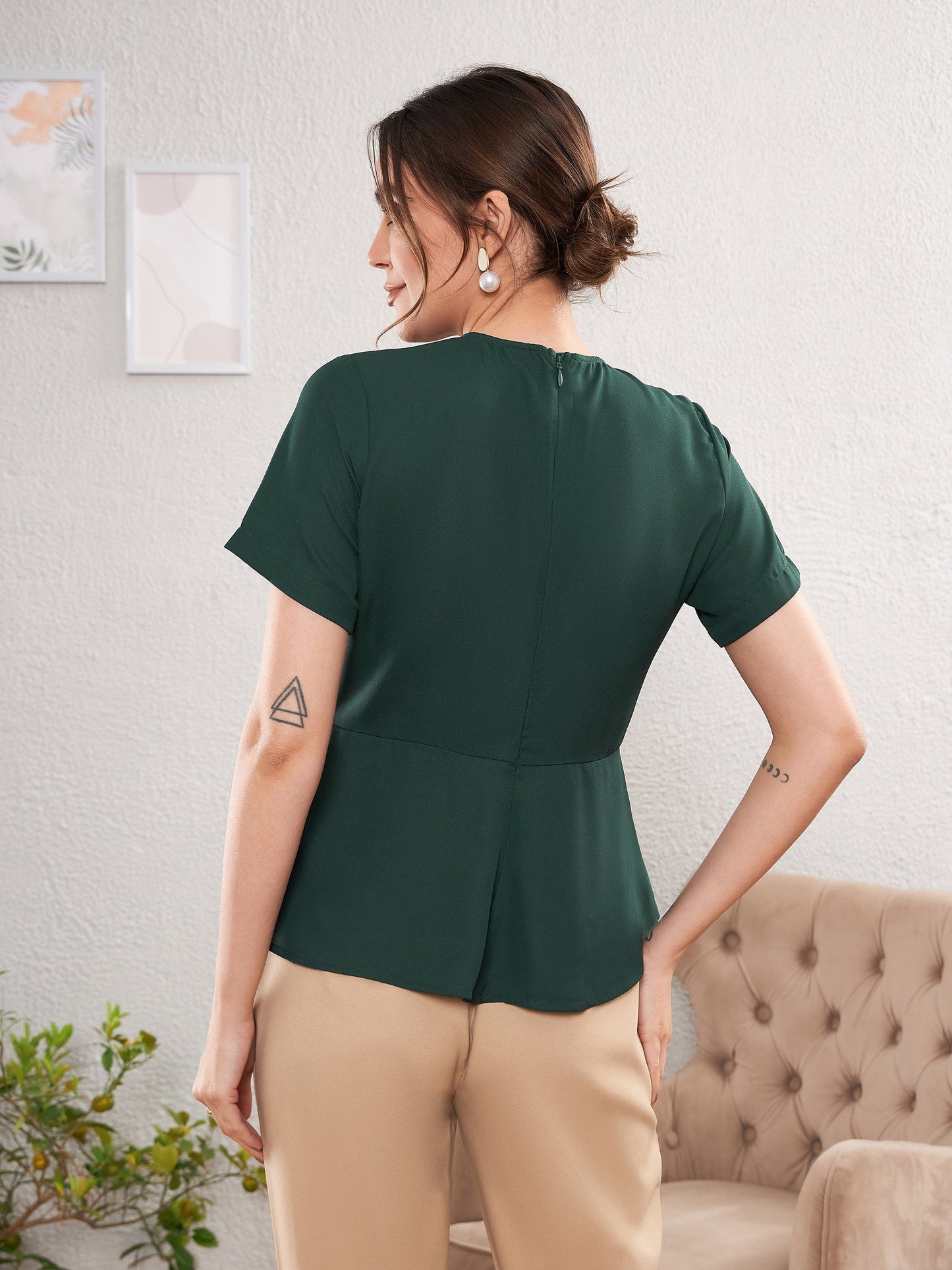 Women's Emerald Green Front Pleated Peplum Top