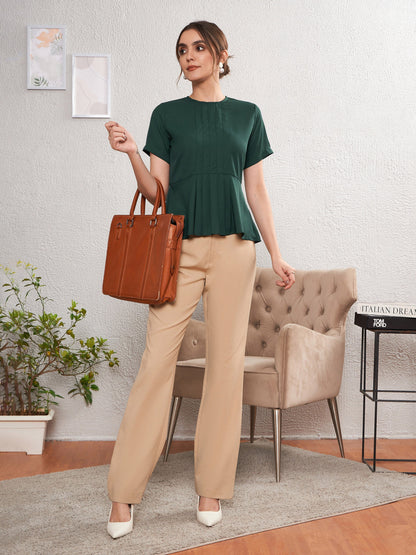 Women's Emerald Green Front Pleated Peplum Top