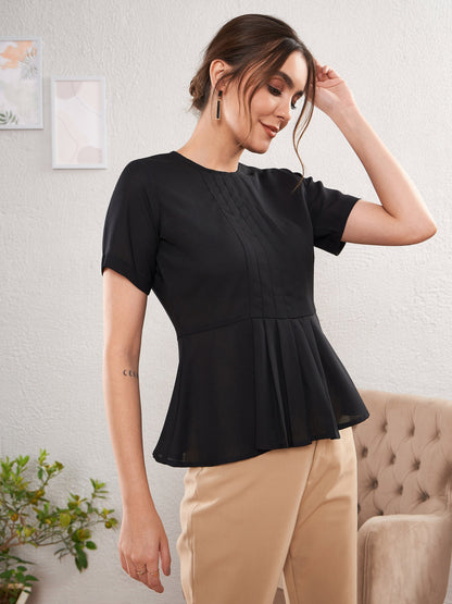 Women's Black Front Pleated Peplum Top
