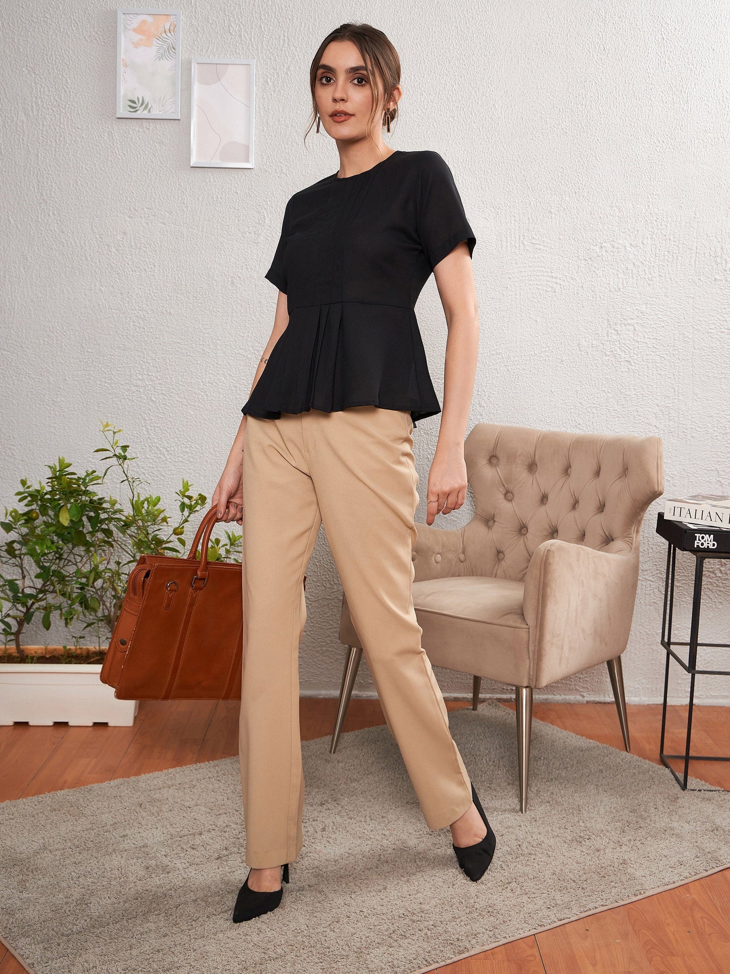 Women's Black Front Pleated Peplum Top