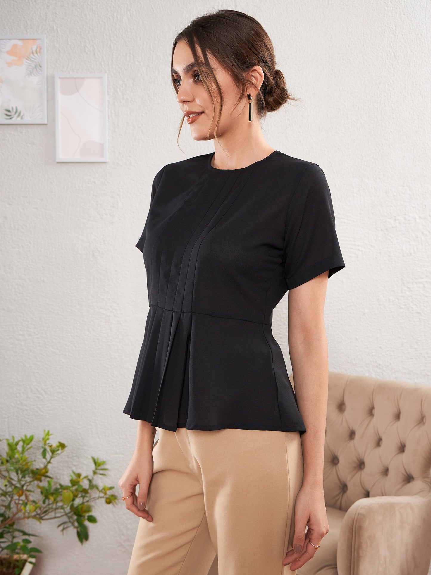 Women's Black Front Pleated Peplum Top
