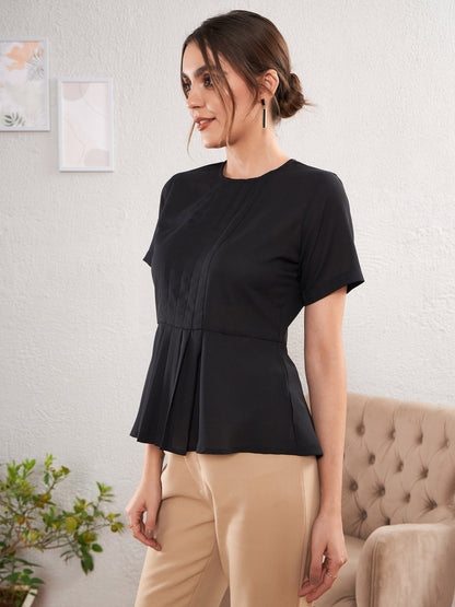 Women's Black Front Pleated Peplum Top