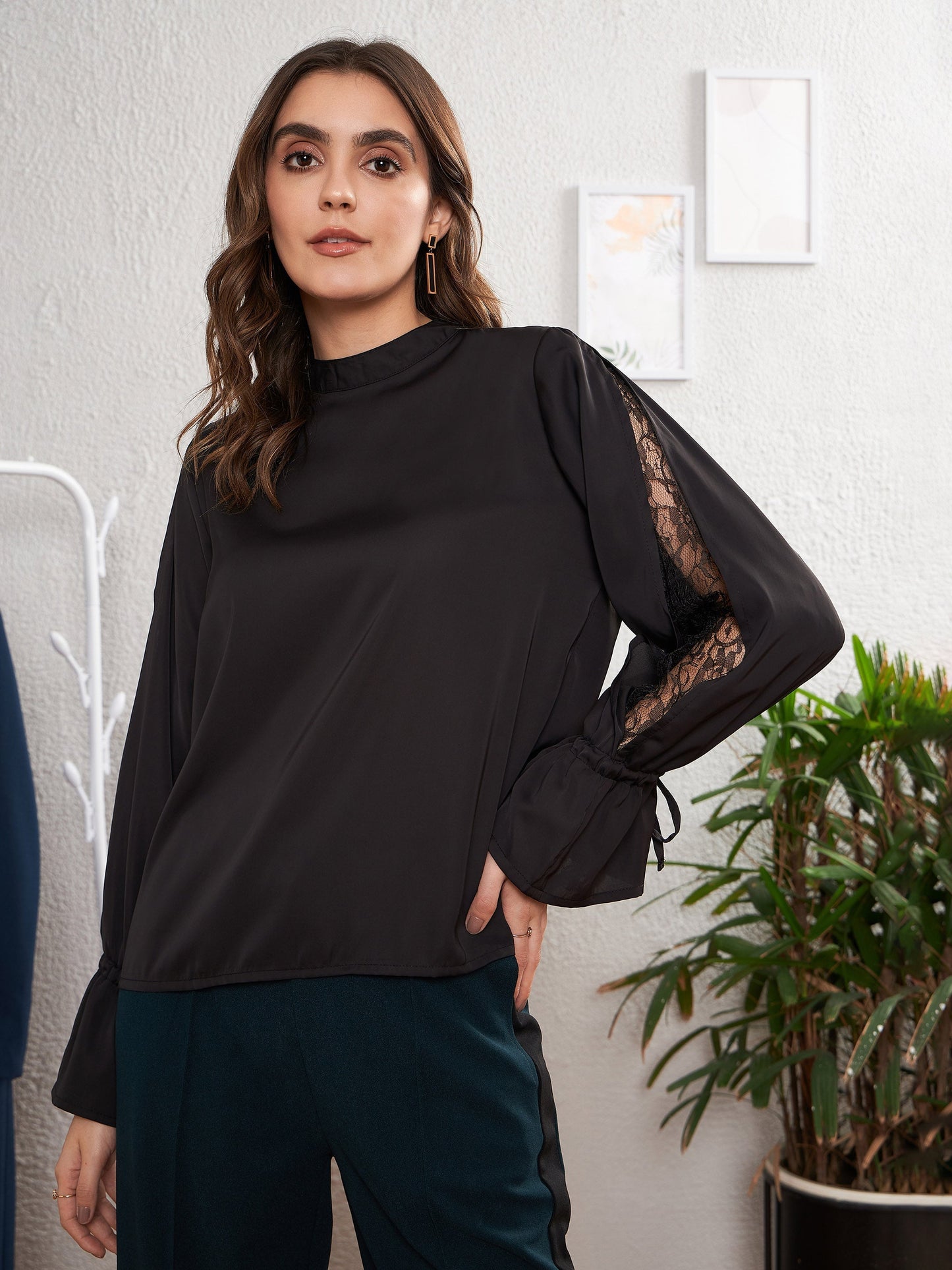Women's Black Satin Lace Detail Puff Sleeves Top