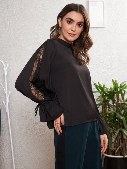 Women's Black Satin Lace Detail Puff Sleeves Top