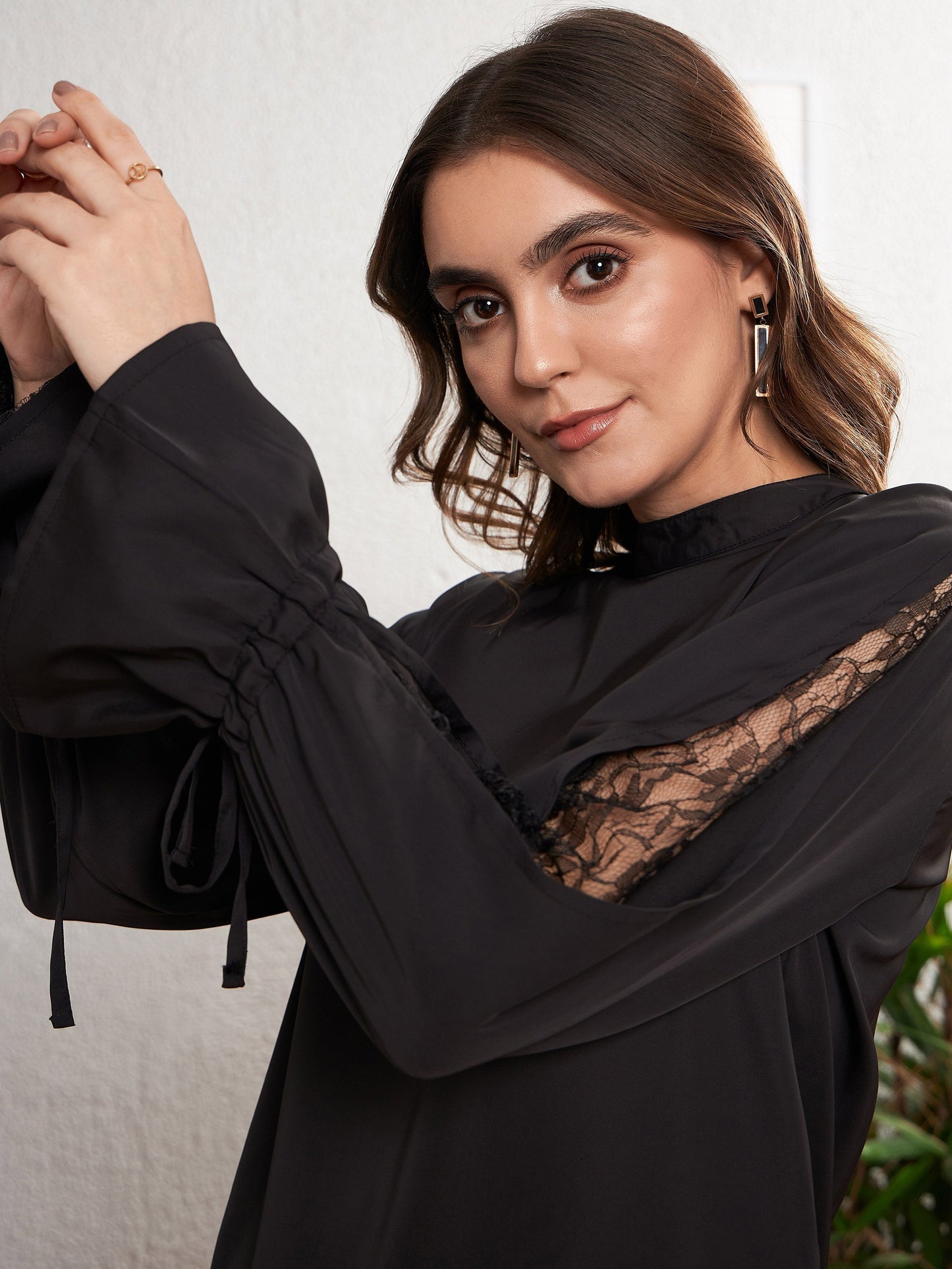 Women's Black Satin Lace Detail Puff Sleeves Top