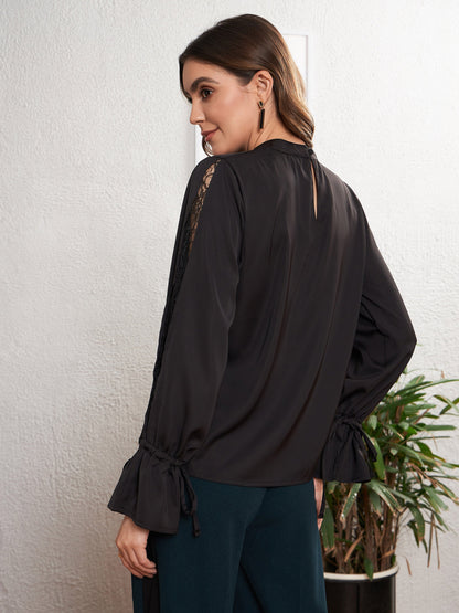 Women's Black Satin Lace Detail Puff Sleeves Top