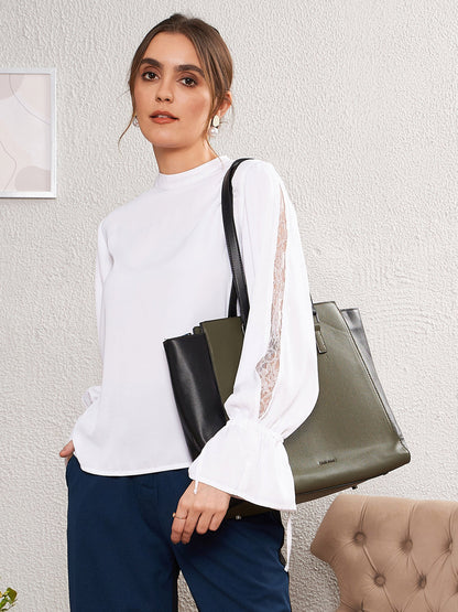 Women's White Satin Lace Detail Puff Sleeves Top