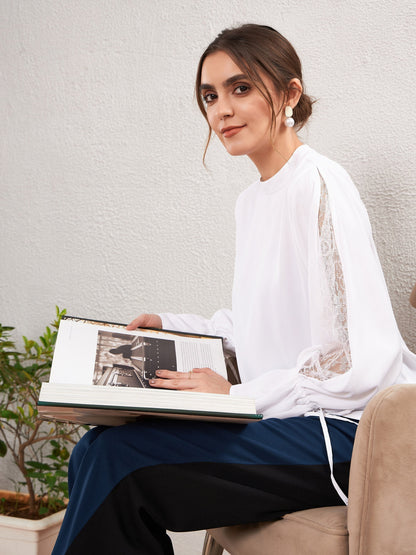 Women's White Satin Lace Detail Puff Sleeves Top