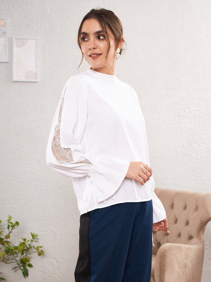 Women's White Satin Lace Detail Puff Sleeves Top
