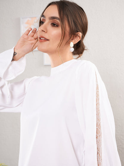 Women's White Satin Lace Detail Puff Sleeves Top