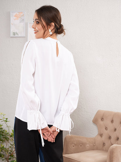 Women's White Satin Lace Detail Puff Sleeves Top