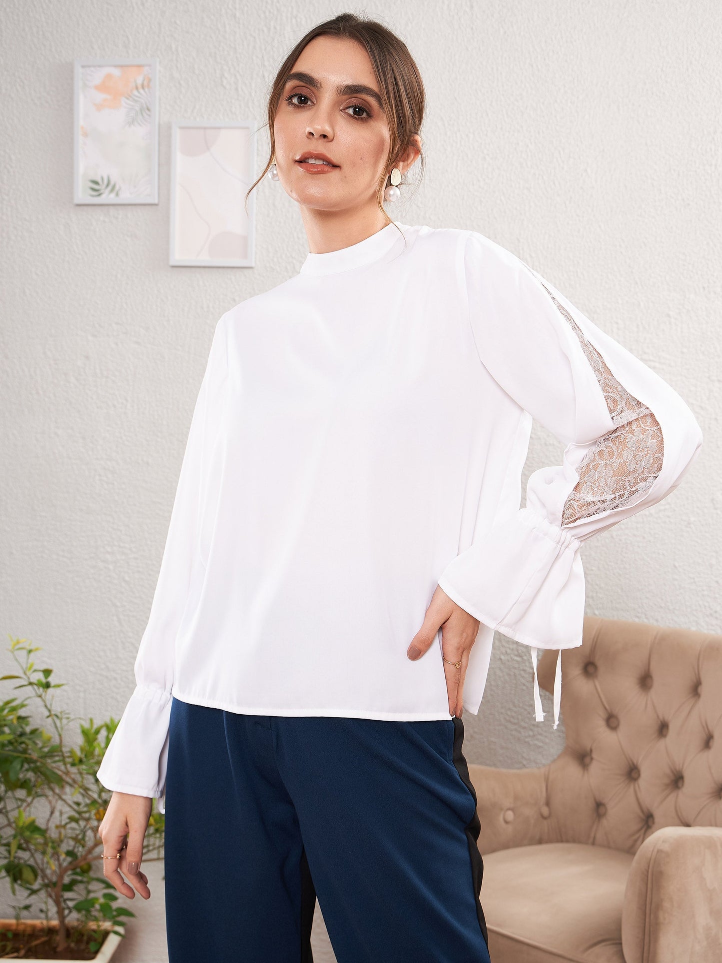 Women's White Satin Lace Detail Puff Sleeves Top
