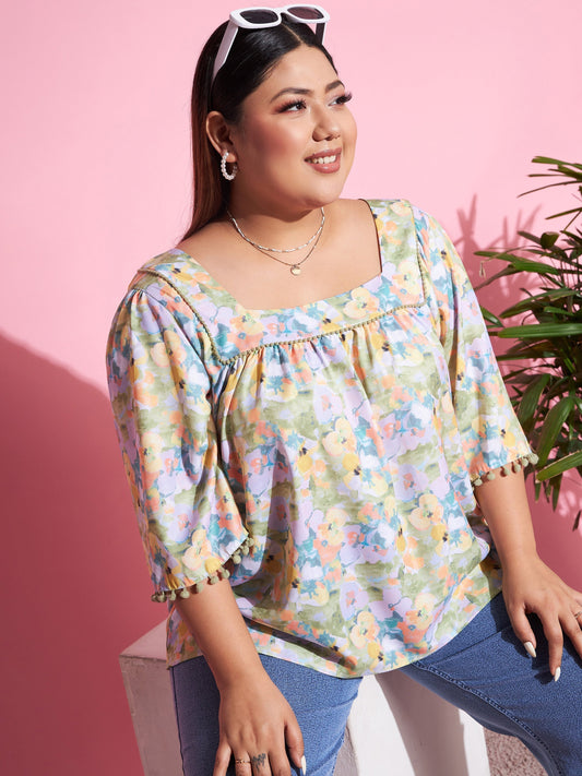Women's Green Floral Square Neck Top
