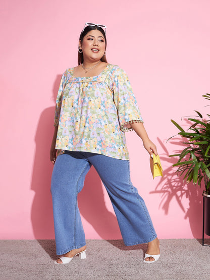 Women's Green Floral Square Neck Top