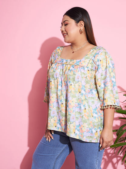 Women's Green Floral Square Neck Top