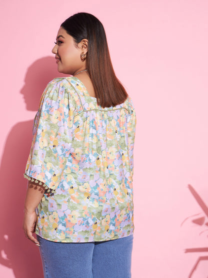 Women's Green Floral Square Neck Top