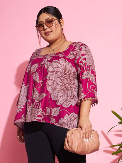 Women's Magenta Floral Square Neck Top