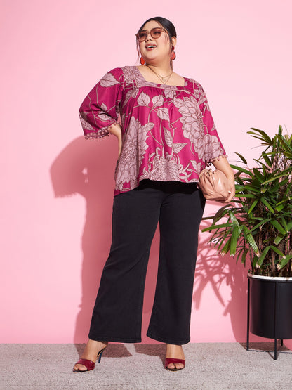 Women's Magenta Floral Square Neck Top