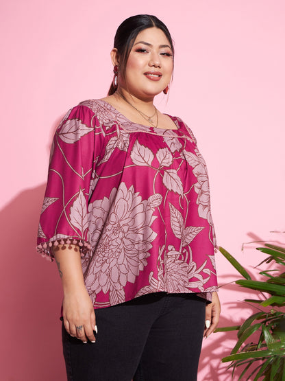 Women's Magenta Floral Square Neck Top