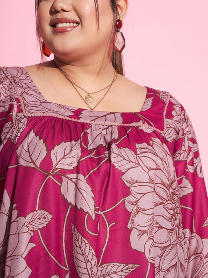 Women's Magenta Floral Square Neck Top