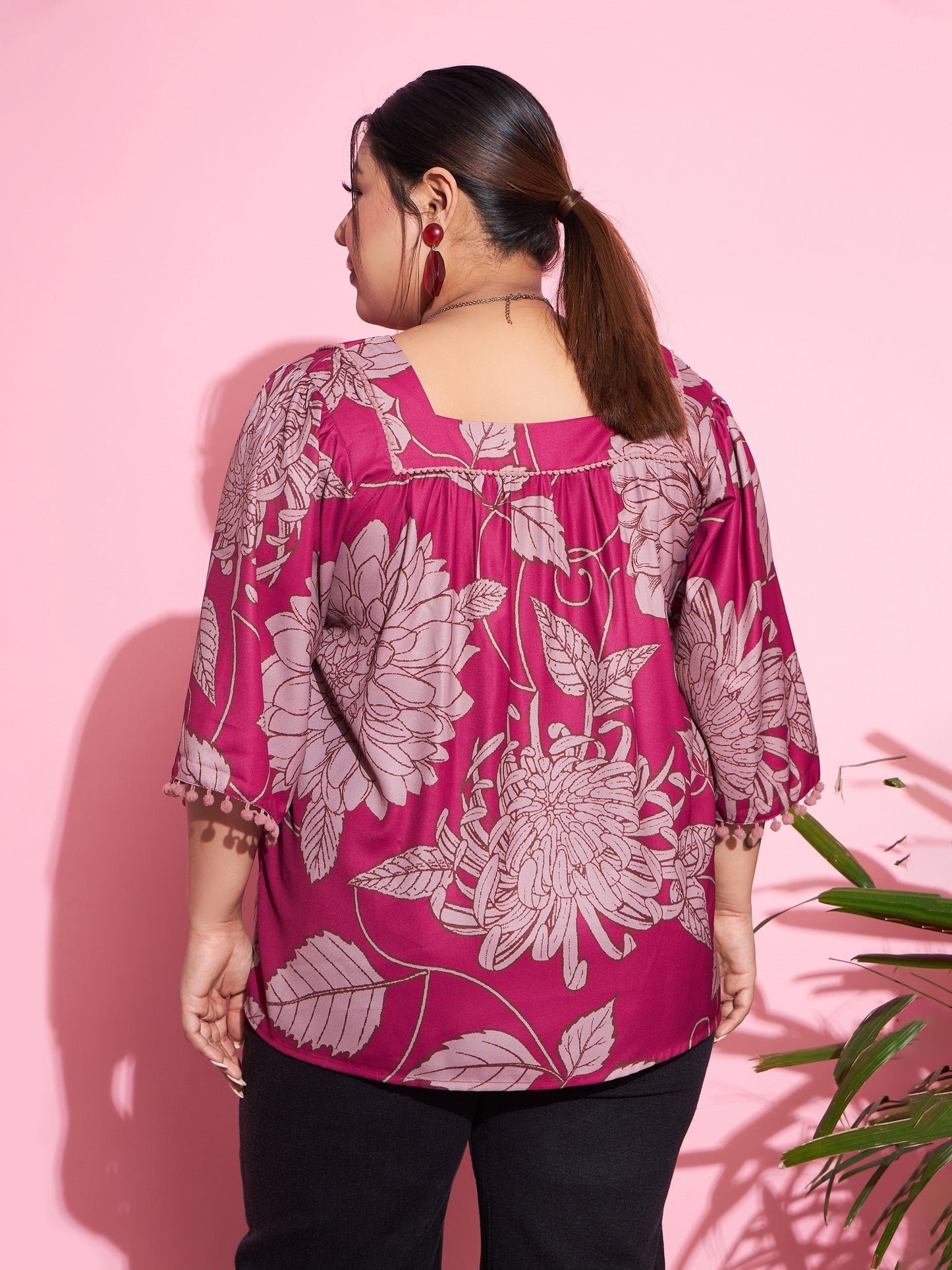 Women's Magenta Floral Square Neck Top