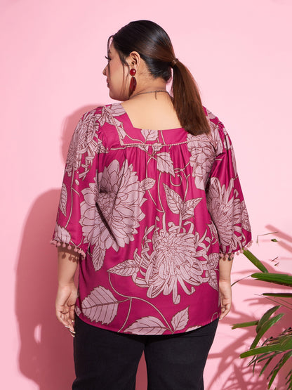 Women's Magenta Floral Square Neck Top