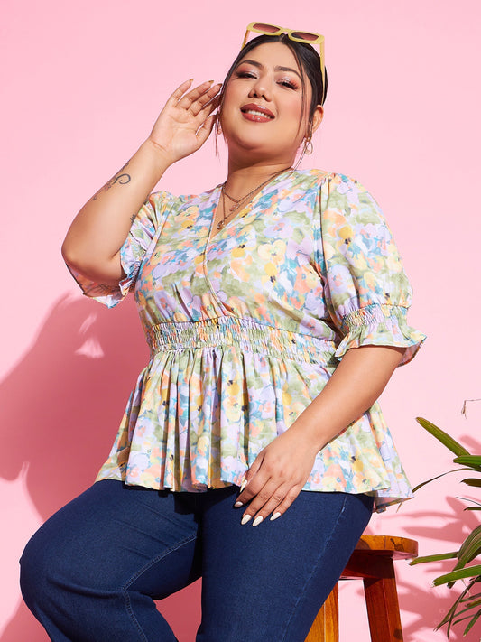Women's Green Floral Smocked Sleeve Peplum Top
