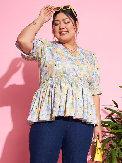 Women's Green Floral Smocked Sleeve Peplum Top
