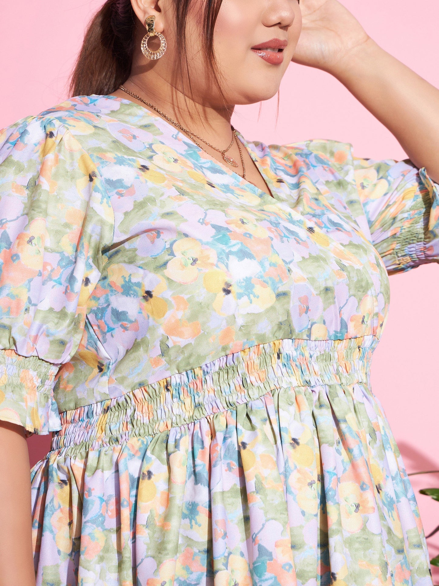 Women's Green Floral Smocked Sleeve Peplum Top